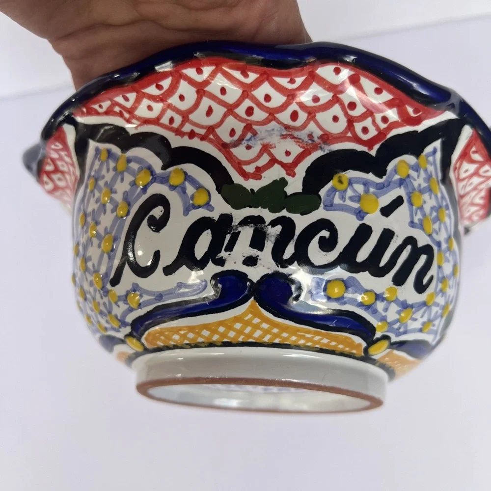 Mexican Talavera Hand Painted Bowl w/ Handles Lead Free Puebla 7